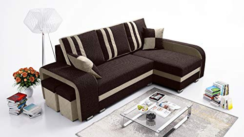 Robin Inspire York Ecksofa mit Schlaffunktion, Braun Beige Rechts | L-Form Schlafsofa, 245 cm, 2 Bettkästen, 2 Hocker, Liegefläche 200x165 cm, Baltic Stoff, Stauraum, Rechts