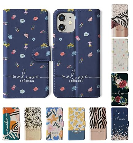 Tirita Personalised Wallet Phone Case iPhone 7 & 8 With Card Holder – Leather Flip Case or Cover With Custom Name – Cute Personalised Gift for Women [20. Blue Floral Small Flowers]