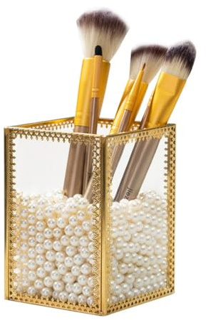 SLHEQING Glas Kosmetik Organizer Golden Vintage Makeup Organizer, Kosmetik Aufbewahrungsbox für Lippenstifte, Nagellack, Kosmetikpinsel