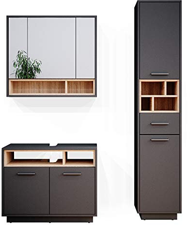 Vicco Badmöbel-Set Anthrazit Beatrice, bestehend aus Bad Spiegelschrank, Waschbeckenunterschrank, Hochschrank - Harmonische Farb- und Materialkombinationen
