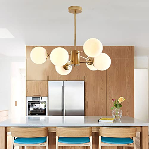ENXING Pendelleuchte E27 Moderne Pendellampe Kreative Dekoration Wohnzimmer Kronleuchter Eisen Hängelampe Glaskugel Deckenleuchte Weißer Schatten Hängeleuchte Küche Esszimmer Bar,Gold,6 heads
