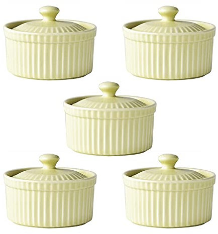 Meltset Lot de 5 ramequins en céramique de 113,4 g avec couvercles, passent au four, plats de cuisson en porcelaine pour soufflé, crème brûlée, gâteau de lave, desserts à la crème glacée, collations