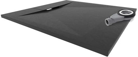 i-flair SMC POLAR Duschwanne 100x80cm, extra flache und robuste Duschtasse 26MM aus langlebigem SMC mit ANTI-Rutsch-Oberfläche In Schieferoptik/Steinoptik inkl. Ablaufgarnitur mit Deckel - Schwarz