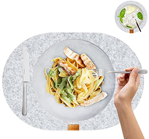 MIQIO® Lot de 12 sets de table ovales en feutre durable de qualité supérieure - Certifié Ökotex - En bouteilles PET 100 % recyclées - 44 x 29 cm - 6 dessous de verre lavables + 6 dessous de verre