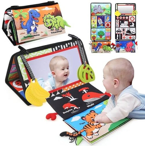 JoyLife Baby Montessori Stoffbücher mit Spiegel - Spielzeug für Kleinkinderziehung und Kognitives Lernen in Schwarz und Weiß - 0 Monate