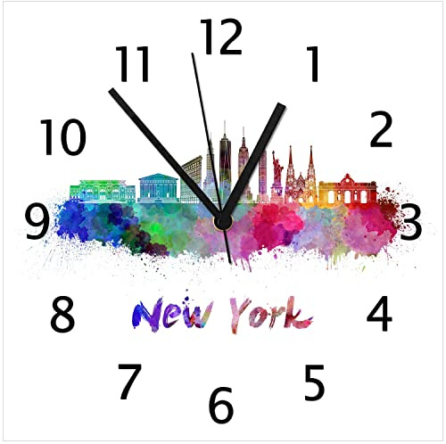 Wallario Design-Wanduhr Städte als Aquarell - Skyline von New York aus Glas, Motiv-Uhr Größe 30 x 30 cm, Schwarze Zeiger