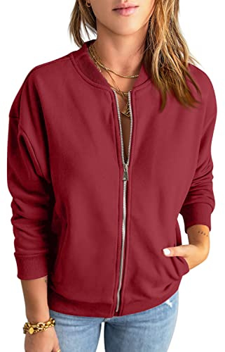 GeGekoko Zip Sweatshirt Damen übergroße Jacket Sweatshirt Einfarbige Loose Langarm Tops Oberteile mit Tasche,Rotwein,M