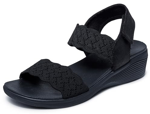 Skechers Women's ARYA - ON THE RISE medium wedge sandal, Black/Black 10 M