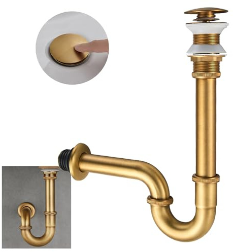 SET - Design Siphon mit Ablaufgarnitur ohne Überlauf KEOKBON Siphon 1 1/4 x 32 mm Pop Up Ventil Ablaufgarnitur für Waschbecken und Waschtisch, Edelstahl Röhrensiphon Geruchsverschluss Antike Messing