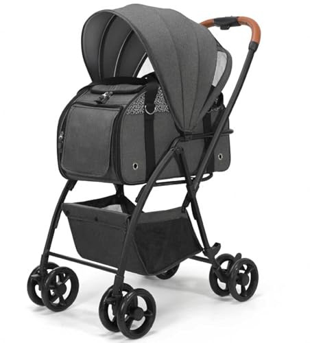 3-in-1-Haustier-Kinderwagen für Kleine, Mittelgroße Hunde und Katzen 4-Rad-Welpenkinderwagen mit Abnehmbarem Träger und Polster Leichter, Faltbarer Katzen-Kinderwagen,Black
