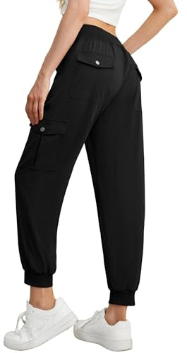 GRECERELLE Pantaloni cargo casual da donna, pantaloni estivi da trekking da donna, con elastico in vita alle caviglie e 6 tasche, ideali per abbigliamento streetwear all'aperto, Nero , M