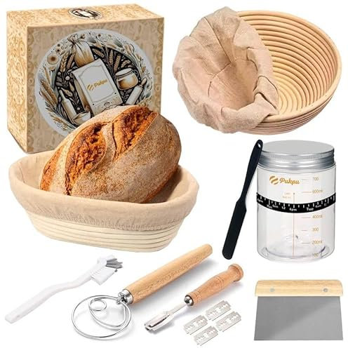 PUKPU Kit para Hacer Pan Masa Madre de 8 Piezas - Incluye 2 Banetones para Pan, Bote Fermentacion, Raspador de Masa, Batidora Danesa, Cuchilla de Panadero, Cepillo y Medidor de Crecimiento