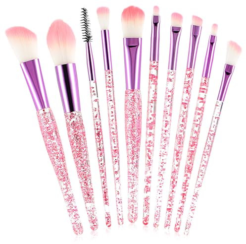 Gjinxi 10pcs Makeup Brush Set, Glitter Crystal Handle Makeup Brushes, Stylish Cosmetics Brushes Kit Professional Blending Brush, Eyeshadow, Eyebrow, and Foundation Brushes