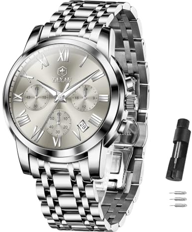 Taxau Armbanduhr Herren Chronograph Analogue Quartz Uhr Herren Edelstahl Wasserdicht Leuchtende Klassische Luxus Business Herrenuhren Geschenke für Männer