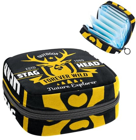 Damenbinden Aufbewahrungstasche Periode Kit Tasche für Schule Menstruationstasse Beutel Damenbinden Organizer Tasche Hirschkopf Hirsch Schädel Schwarzer Hintergrund