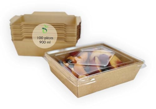 ECOPICNIC Lot de 100 Lunchbox en Kraft 900 ML avec Couvercle | Boîtes Alimentaires jetables en Carton Kraft pour Repas à emporter, barquettes écologiques avec Couvercle pour salades, gâteaux