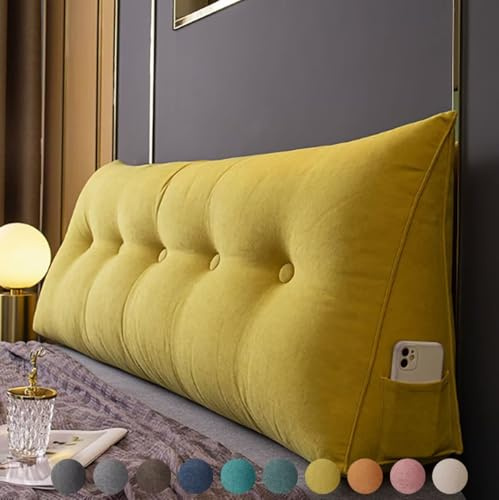 Bettkissen Rückenlehne 150cm Gelb, Rückenkissen Bett Keil Kopfteil Kissen, Waschbar Abnehmbar Rückenstützkissen Lendenkissen mit Seitentasche, Bequemes Groß Wandkissen Lesekissen für Bett und Sofa
