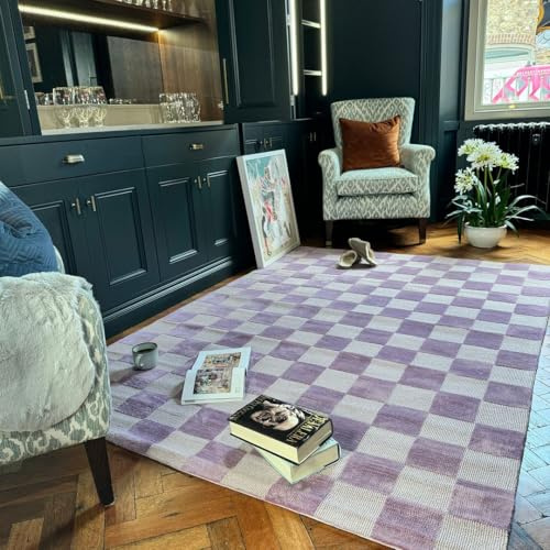 Checkerboard Lilac White Colour Retro Rugs Classic Vintage Tiled Patterned Looped Pile Stylish Home Bedroom Living Room Rug 160cm x 230cm (5ft 3 x 7ft 7)