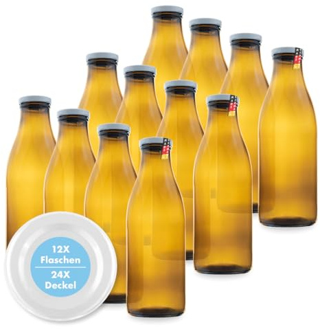 Flaschenbauer - Milchflaschen 1L 12er Set braun - Glasflaschen zum Befüllen, Glasflasche mit Twist-Off Deckel TO48 & Ersatzdeckel, Saftflaschen, Smoothie Flaschen, Vorratsflaschen - Made in Germany