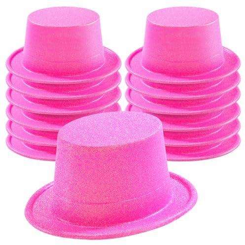 Hillban 12 Pack Valentines Hot Pink Top Hats Party Shiny Plastic Glitter Sequin Hat Disco Costume Accessories Bulk for Glow Wedding Party Supplies Magician Carnival Celebration Birthday