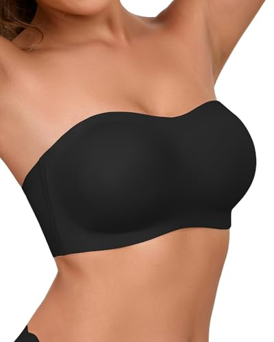 SHARICCA Reggiseno senza spalline push up senza ferretto, in silicone, senza cuciture, con tracolla rimovibile, senza spalline, Nero , M
