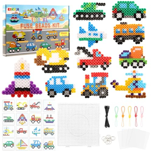 EIKEJI Set di perline da stiro grandi da 10 mm, 1500 perline XL con piastre, 16 colori maxi perline da stirare, 16 motivi e carta da stiro, set di perline creative, per bambini dai 3 anni in su