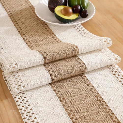 Blanc Chemin de Table Toile de Jute 30 x 183 Vintage Lavable Macramé Chemin de Table Aspect Lin Naturel Nappe Decoration Mariage Champetre pour Mariage Fête Festival Anniversaire Bapteme