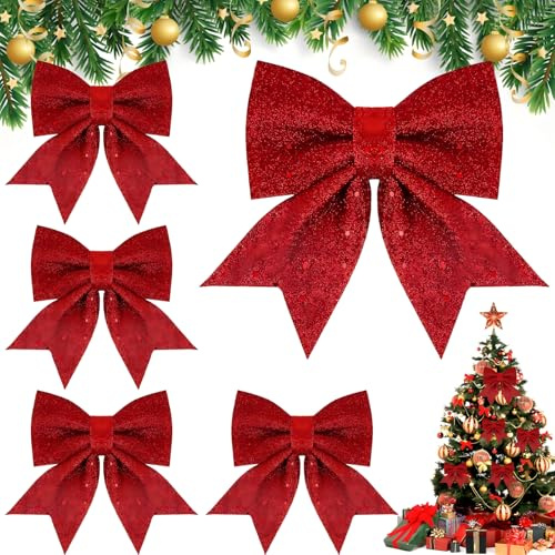 SaiXuan Juego de Lazos navideños, 1 Lazo Grande 21 x 24 cm + 4 pequeños Lazos de 17 x 18 cm para Árbol de Navidad con Brillo y Alambre Flexible – Lazos Navideños Elegantes para Árbol, Puerta, Corona