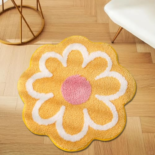 LOMUG Badezimmerteppich, Blumen Weiche Antirutsch Badematte mit Hoher Hygroskopizität, Badezimmermatte Weicher Saugfähig Badezimmerteppich, Teppichboden für Bad Küche Wohnzimmer Toilette(40CM, Gelb)
