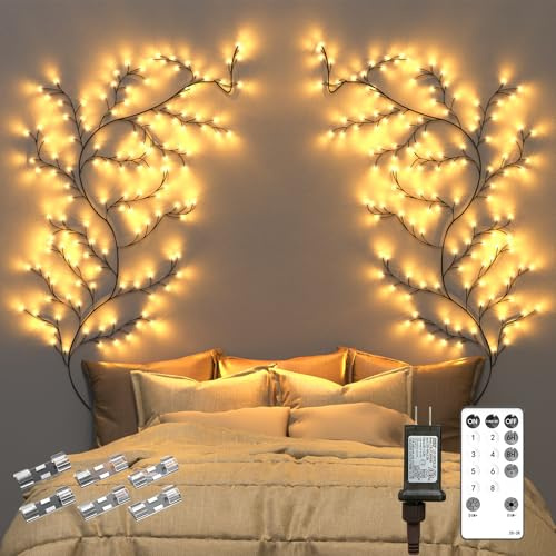 Probapro Lichterkette Weidenrebe Innen Zimmer Deko – 144 LEDs Baum Lichterketten mit Fernsteuerung & Stecker, Künstliche Lichterzweige für Wanddeko, Wohnzimmer & Schlafzimmer (2 Stück)