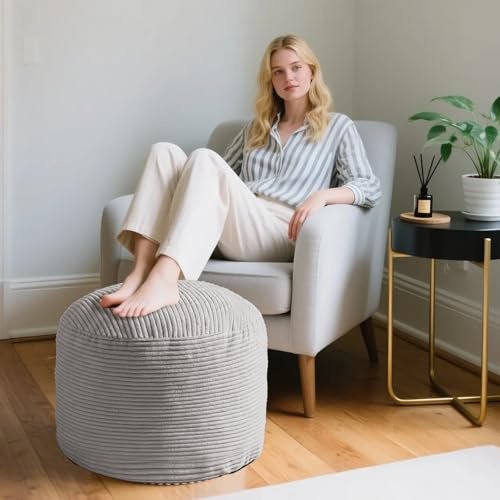lihtsofty Round Stuffed Pouf Ottoman, Foot Stool Ottoman,Corduroy Poufs with Foam Chunk Filling, Furry and Fluffy Storage Ottomans, 20 X 15 Floor Poufs Foot Rest for Living Room