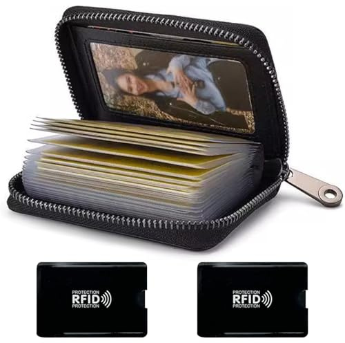MLPKOI RFID-blockerande liten korthållare för män och kreditkortsskydd, 20 kortplatser, kreditkortshållare, sedlar och mynt med presentförpackning (svart)