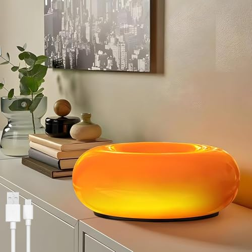 OOWOKS Lampe Donut, lampe de table LED Donut, orange, avec piles, rechargeable par USB, contrôle tactile, réglable, 3 températures de couleur, lampe de nuit, écran en verre, 2000 mAh, pour salon