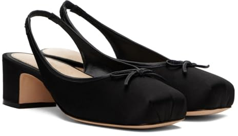 Agodor Slingback Heels for Women Ruched Satin Black Ballet Mary Jane Shoes with Bow Square Toe Ballerina Pumps Low Chunky Block Heels Elastic Rear Strap Comfortable Dress Ballet Shoes US8.5