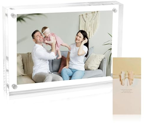 5X7 Acrylic Photo Frame - Magnetic Picture Frame with Champagne Bow Card, 13.5x18.5cm Multi-Purpose Clear Glass Like Picture Frame, Tabletop Magnetic Frames Photo Holder,Event Keepsake Picture Display