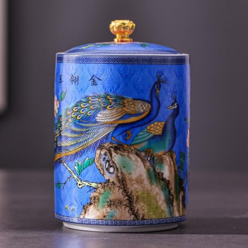 Chinese Ceramic Peacock Enamel Storage Jars with lids, Tea Caddy, for Tea, Coffee, Spices and Sweets(Blue,L)