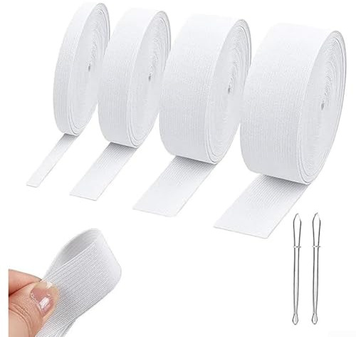 Honseadek Bandas elásticas de costura, 4 rollos, poliéster blanco y goma natural, suave, transpirable, elástico para cinturillas, ropa deportiva, manualidades y fabricación de prendas de vestir