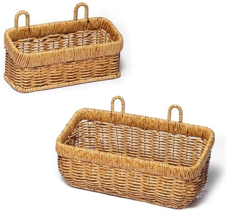 CAIEJSAEN 2 stycken förvaringskorgar, flätade korgar för förvaring, multifunktionell väggkorg, bohodekoration av pappersrep av rotting, vägghållare, arrangör för vardagsrum och sovrum