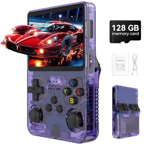 R36s Pro Retro Handheld Game Console, 3.5in IPS , 128GB Preloaded with 40000+Classic Games, Portable Game Console,30 +Game Emulator, Linux System,3500mah Rechargeable Battery (128G Purple)
