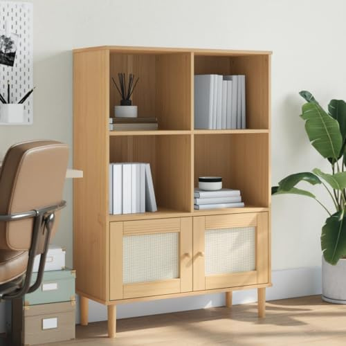 QZZCED Credenza Libreria SENJA Aspetto Rattan Marrone 90x35x130 cm Legno Pino Massello con Ante, Vernice UV Protettiva, PolyRattan Decorativo per Soggiorno e Ufficio, Mobile