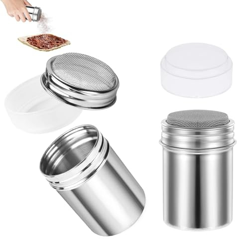 PARFCO 2 Pièces Saupoudreuse Sucre Glace en Inox 304, Saupoudreurs avec Couvercle, Saupoudreuse Cacao et Sucre pour Café, PâTisserie et Desserts