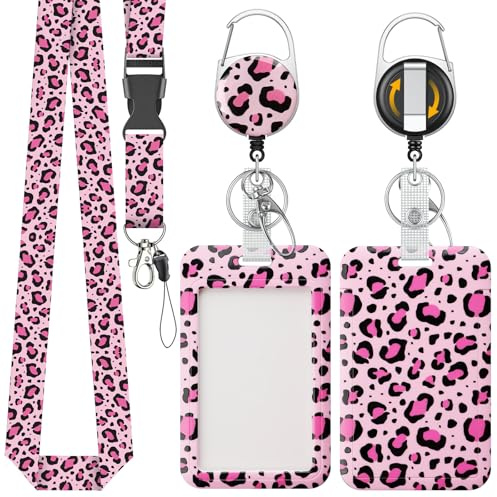 Uniclife Modische Sliding Ausweishülle Rosa Leopard Muster Kunststoff Kartenhalter mit Einziehbaren Badge Reel Karabiner abnehmbare Lanyard Karte Schutz für Büroangestellte Krankenschwester Lehrer