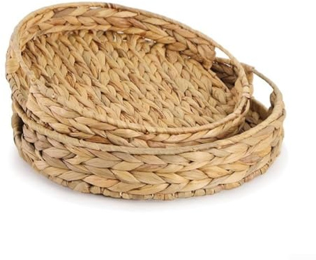Natural water hyacinth hand woven serving tray with sturdy steel frame and dual handles, multipurpose organizer for serving, storage and display on coffee table or living room (Round fruit tray)