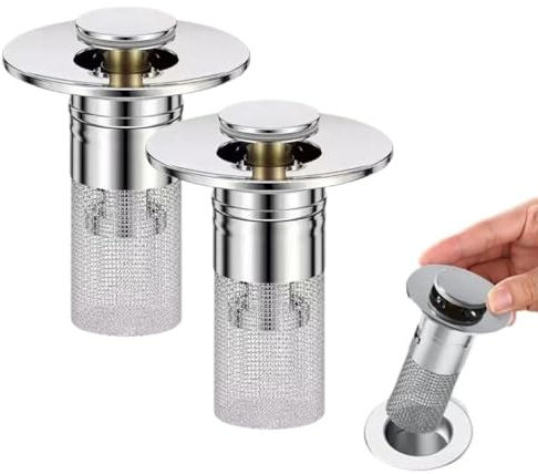 WUYJI Tappi per vasca da bagno Set di 2 tappi universali per lavello con filtro in acciaio inox,adatti a lavandini,tappo a scomparsa