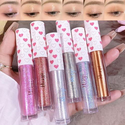 Domality 6 Pièces Crayon Fard à Paupières Liquide Pailleté et Eyeliner, Maquillage Coréen Scintillant pour le Dessous de L'œil, Léger, Imperméable, Tenue Longue Durée, Maquillage des Yeux Scintillant