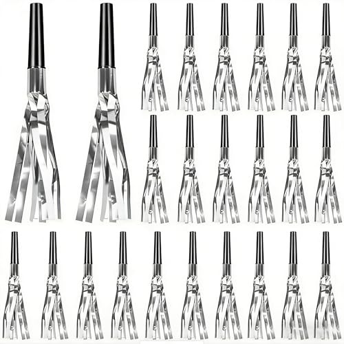 24 Pack Silver Tassel Party Blowers - Durable Noisemakers for Birthday Celebrations, Adult Parties - Festive Blowouts with Long Lasting Design