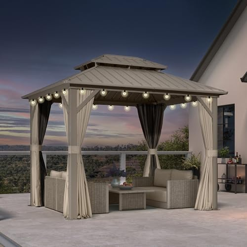 PURPLE LEAF Hardtop Pavillon 2.4 x 3 m Wasserdicht Stabil Winterfest mit 14.6 m 24 LED Lichterkette, Gartenpavillon mit Doppeldach, Flammhemmend Seitenteile & Moskitonetz, Champagner