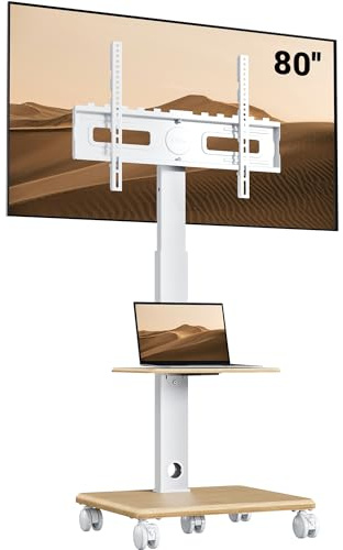BONTEC Rullbart TV-stativ 32–80 tum, träbas, 60 kg, VESA 600 x 400 mm | Robust träbas med fem 6,3 cm hjul; höjdjusterbar, lutande och svängbar – för vardagsrum, kontor eller konferensrum