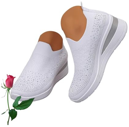 Scarpe da ginnastica da donna con strass glitterati, alla moda, traspiranti, con zeppa, ortopediche, in rete, senza lacci, scarpe da tennis, scarpe da sposa, bianco, 38 EU