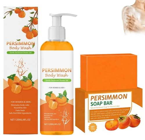 Kaori Kaki Seife und Kaki Duschgel Set, Persimmon Body Wash gegen Körpergeruch Altersgeruch & Schweißfüße, Presimmon Soap Seife Natürliche Reiniger mit Kakis & Grüntee-Extrakt für Männerund Frauen